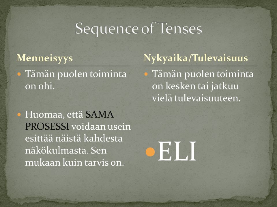 ELI Sequence of Tenses Menneisyys Nykyaika/Tulevaisuus