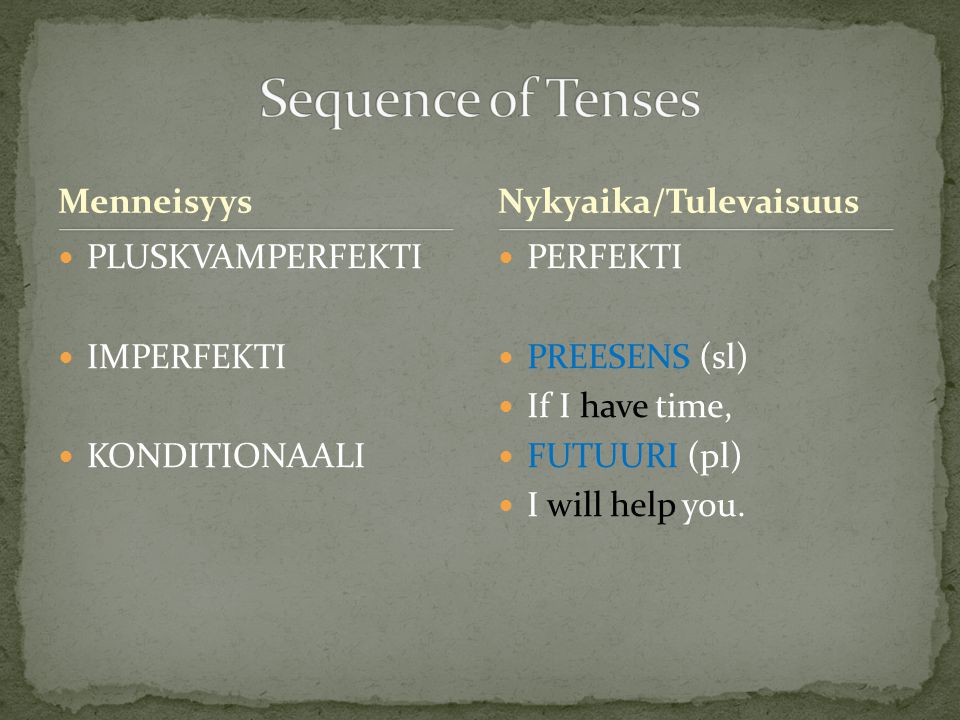 Sequence of Tenses Menneisyys Nykyaika/Tulevaisuus PLUSKVAMPERFEKTI