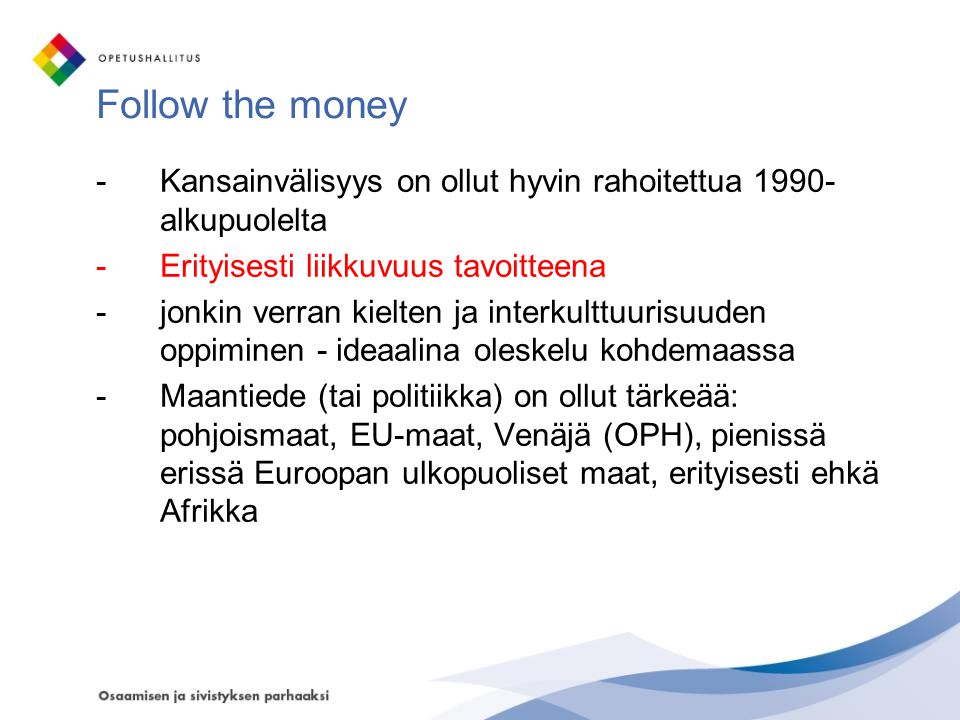 Follow the money Kansainvälisyys on ollut hyvin rahoitettua 1990-alkupuolelta. Erityisesti liikkuvuus tavoitteena.