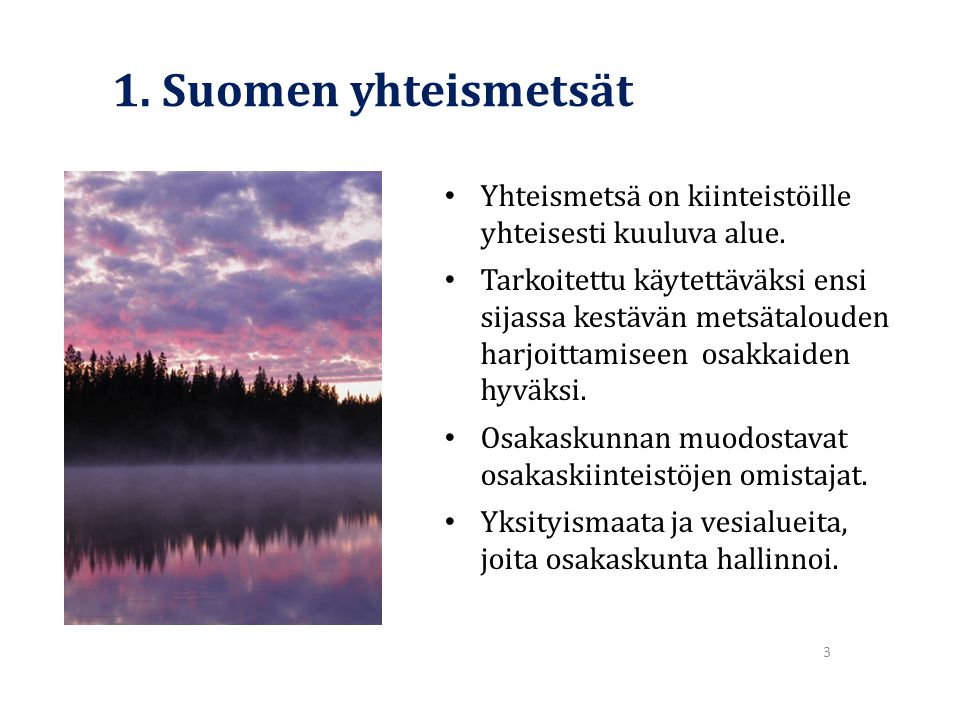 1. Suomen yhteismetsät Yhteismetsä on kiinteistöille yhteisesti kuuluva alue.