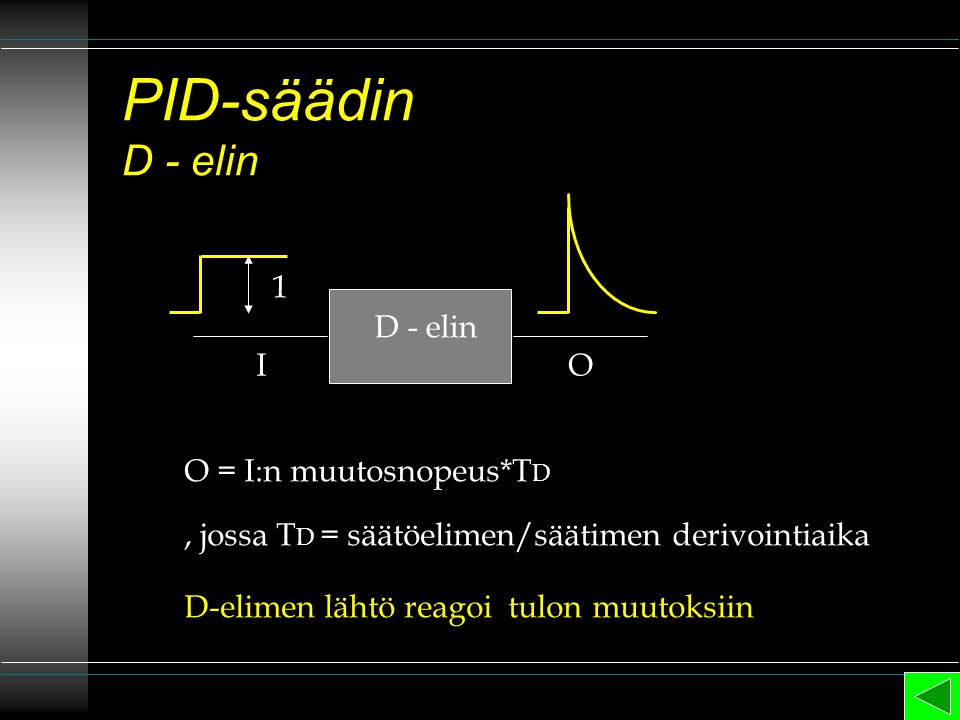 PID-säädin D - elin 1 D - elin I O O = I:n muutosnopeus*TD