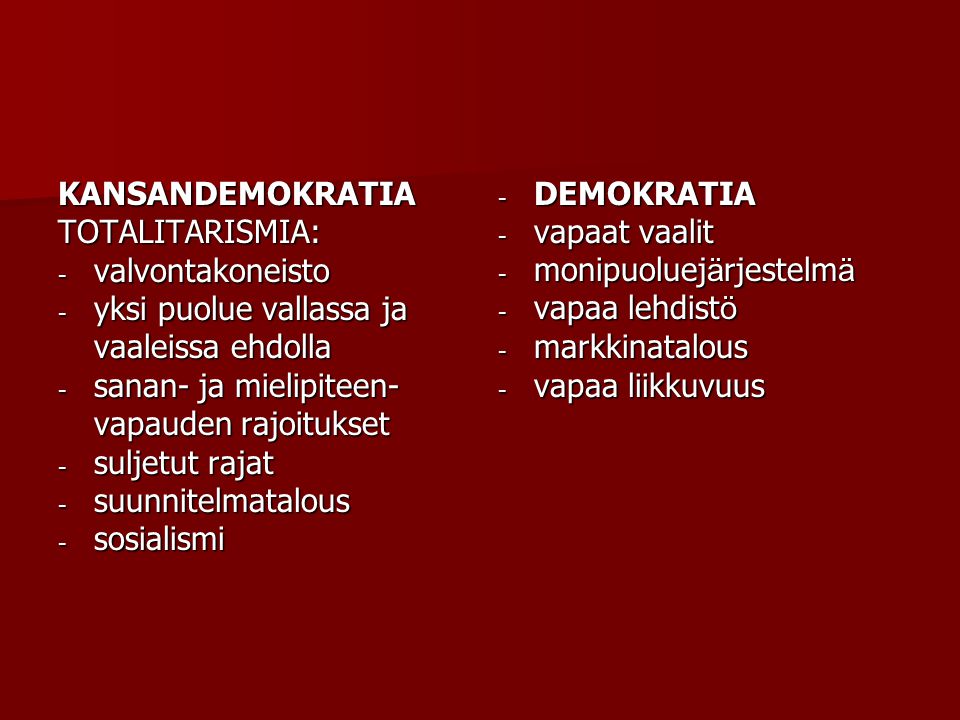 KANSANDEMOKRATIA TOTALITARISMIA: valvontakoneisto. yksi puolue vallassa ja vaaleissa ehdolla. sanan- ja mielipiteen-vapauden rajoitukset.