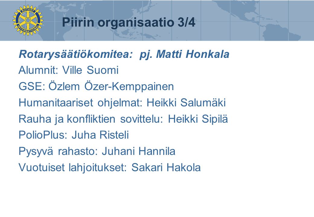Piirin organisaatio 3/4 Rotarysäätiökomitea: pj. Matti Honkala