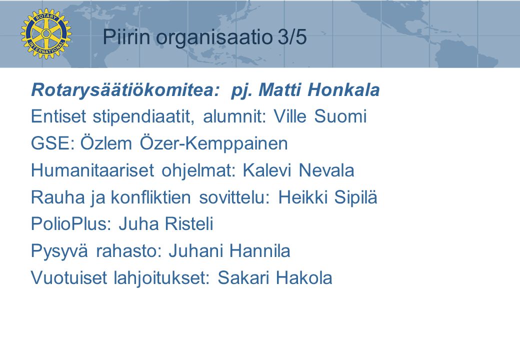Piirin organisaatio 3/5 Rotarysäätiökomitea: pj. Matti Honkala