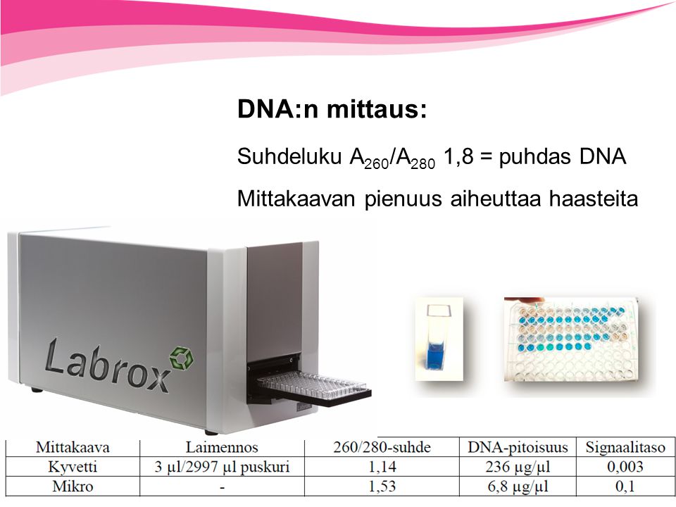 DNA:n mittaus: Suhdeluku A260/A280 1,8 = puhdas DNA