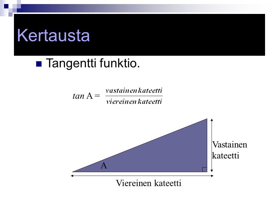 Review Kertausta Tangentti funktio. tan A = Vastainen kateetti A