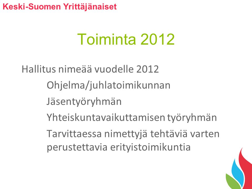 Toiminta 2012 Hallitus nimeää vuodelle 2012 Ohjelma/juhlatoimikunnan