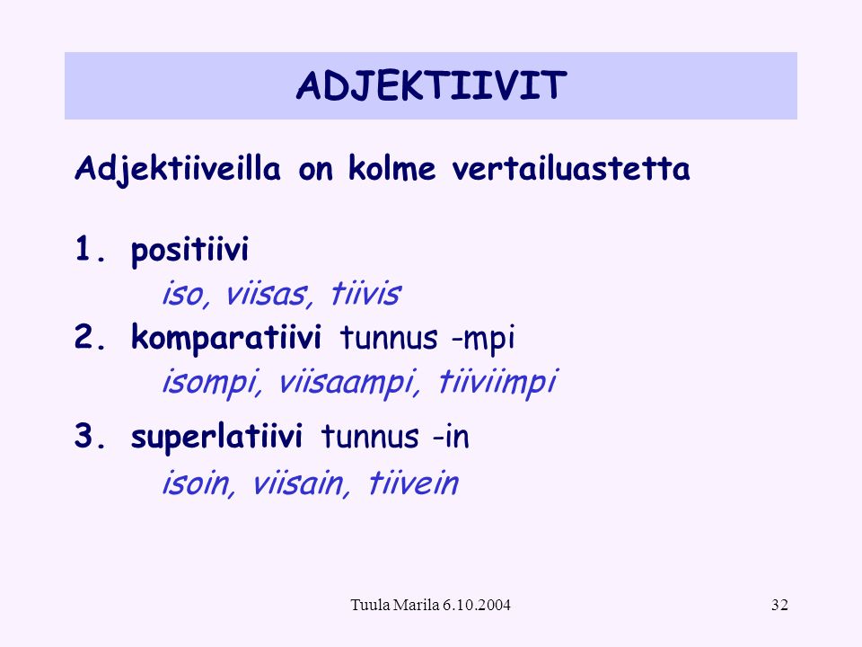 ADJEKTIIVIT Adjektiiveilla on kolme vertailuastetta positiivi