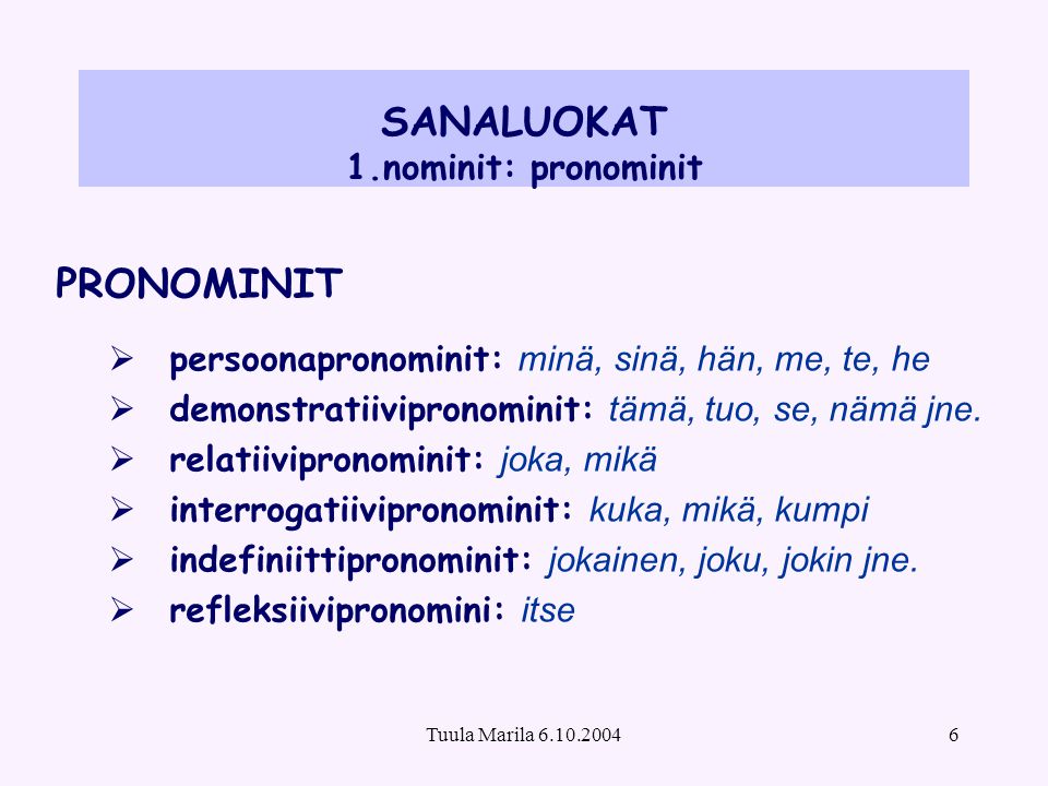SANALUOKAT 1.nominit: pronominit
