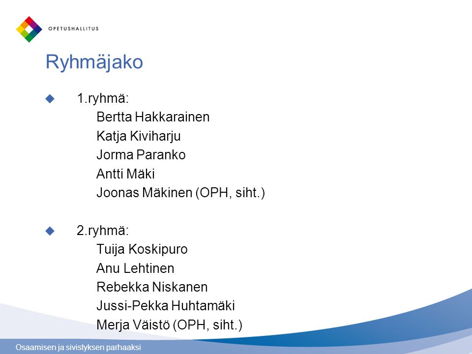 Ryhmäjako 1.ryhmä: Bertta Hakkarainen Katja Kiviharju Jorma Paranko