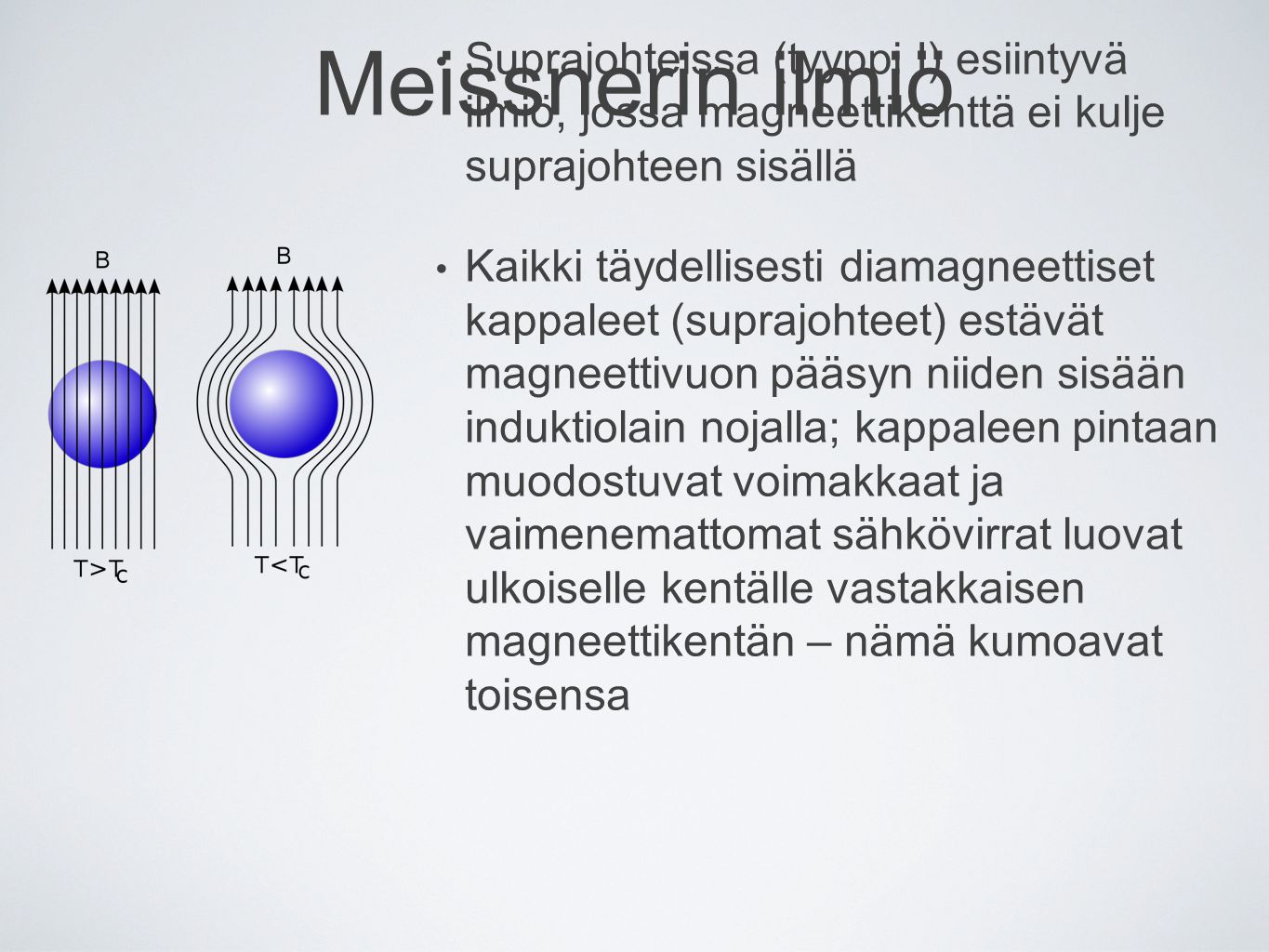 Meissnerin ilmiö Suprajohteissa (tyyppi I) esiintyvä ilmiö, jossa magneettikenttä ei kulje suprajohteen sisällä.