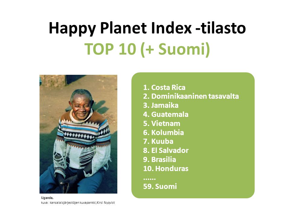 Happy Planet Index -tilasto TOP 10 (+ Suomi)