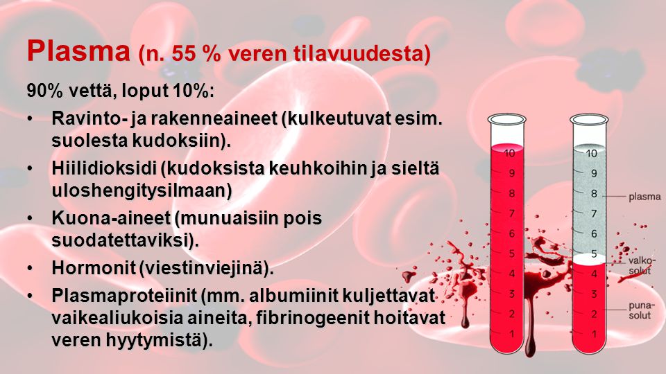 Plasma (n. 55 % veren tilavuudesta)