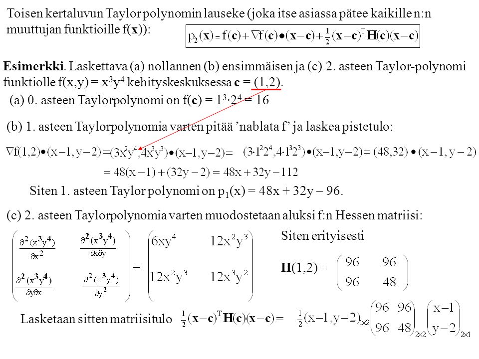 Toisen kertaluvun Taylor polynomin lauseke (joka itse asiassa pätee kaikille n:n muuttujan funktioille f(x)):
