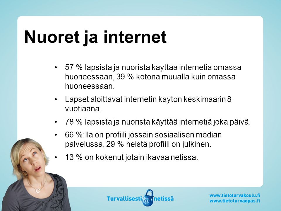 Nuoret ja internet 57 % lapsista ja nuorista käyttää internetiä omassa huoneessaan, 39 % kotona muualla kuin omassa huoneessaan.