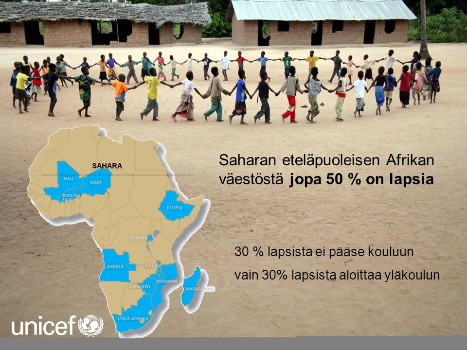 Saharan eteläpuoleisen Afrikan väestöstä jopa 50 % on lapsia