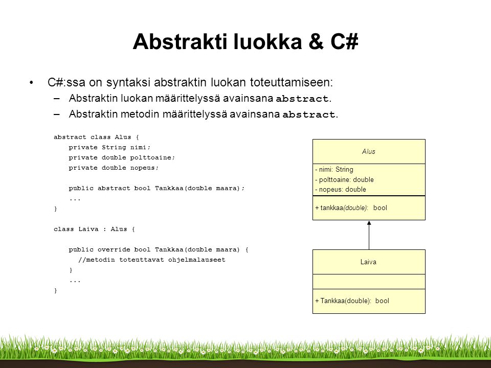 Abstrakti luokka & C# C#:ssa on syntaksi abstraktin luokan toteuttamiseen: Abstraktin luokan määrittelyssä avainsana abstract.