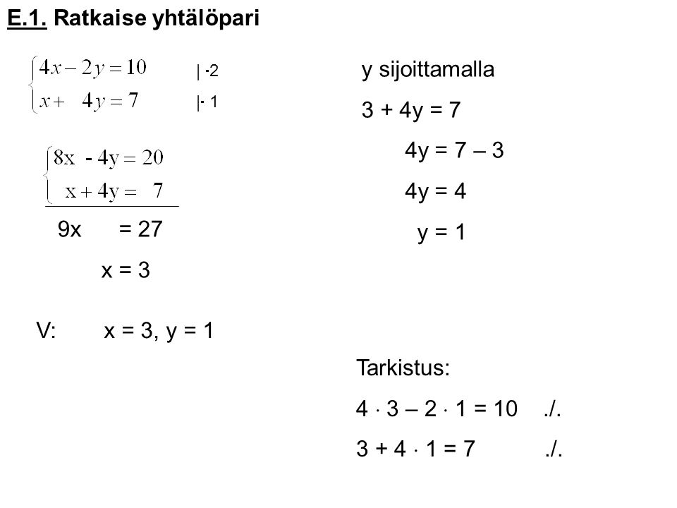 E.1. Ratkaise yhtälöpari y sijoittamalla 3 + 4y = 7 4y = 7 – 3 4y = 4