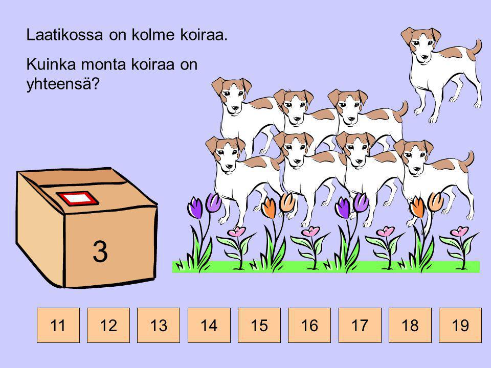 3 Laatikossa on kolme koiraa. Kuinka monta koiraa on yhteensä 11 12