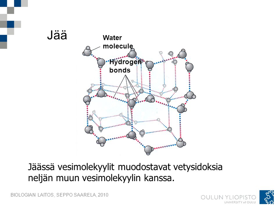 Jää Water. molecule. Hydrogen. bonds. Jäässä vesimolekyylit muodostavat vetysidoksia neljän muun vesimolekyylin kanssa.