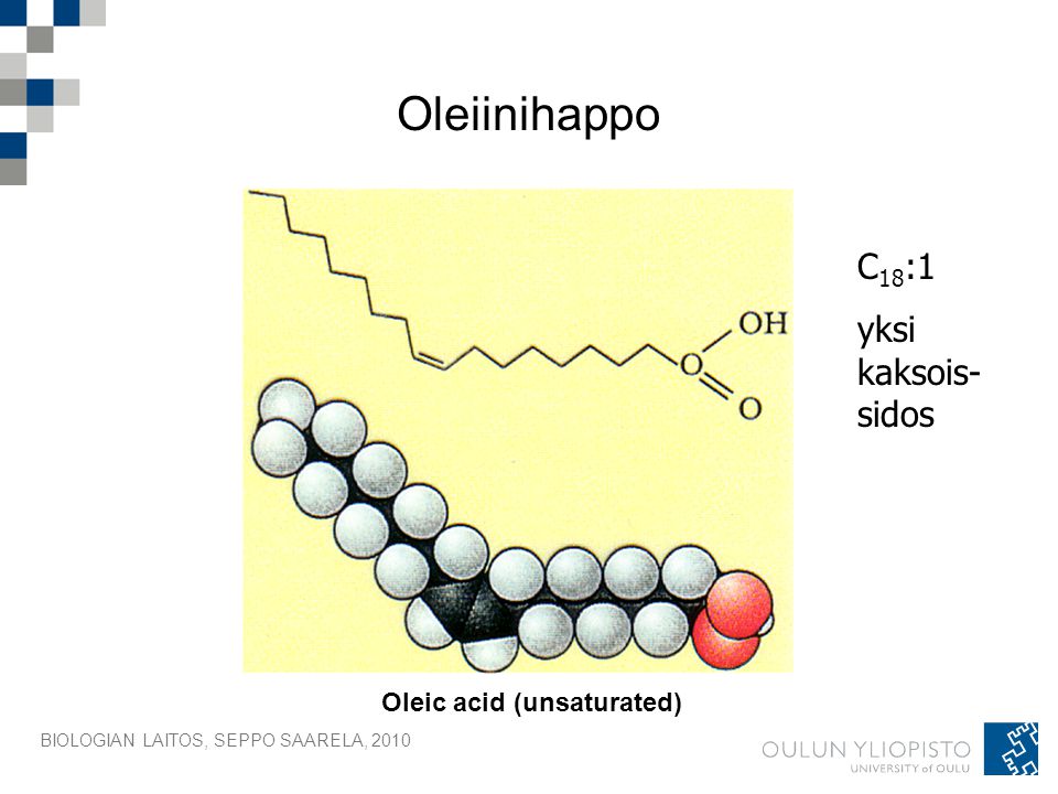 Oleiinihappo C18:1 yksi kaksois-sidos Oleic acid (unsaturated)