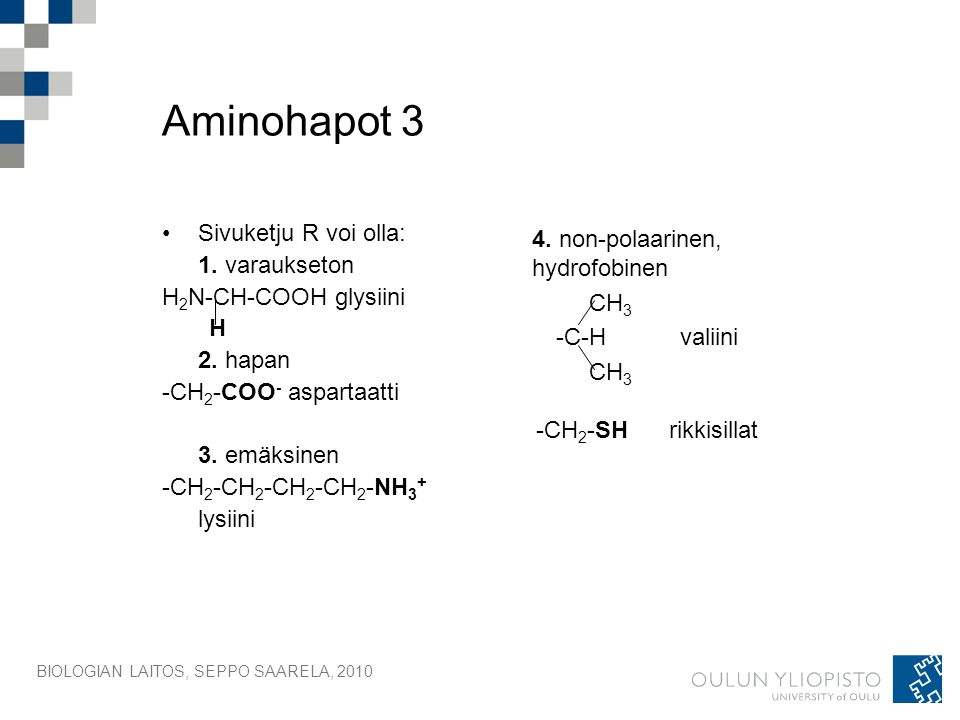 Aminohapot 3 4. non-polaarinen, hydrofobinen Sivuketju R voi olla: