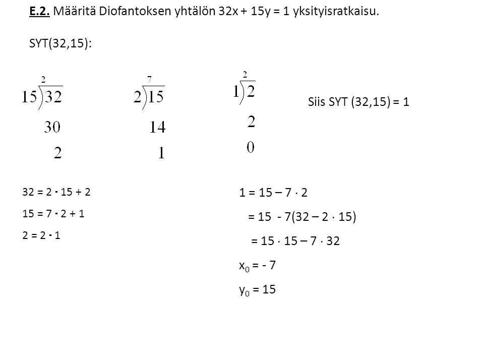E.2. Määritä Diofantoksen yhtälön 32x + 15y = 1 yksityisratkaisu.