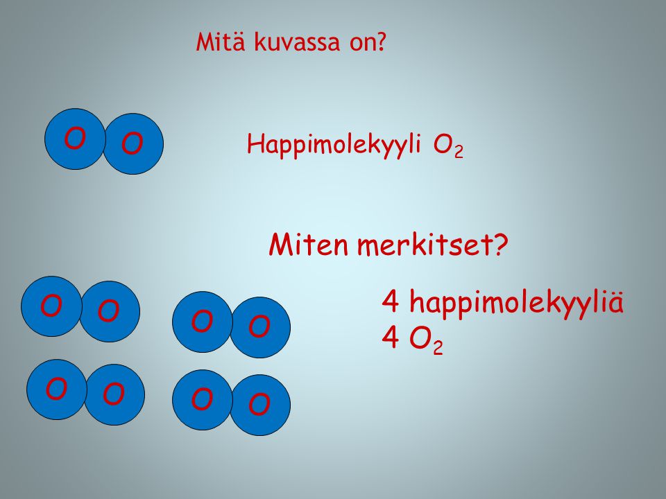 O Miten merkitset 4 happimolekyyliä O 4 O2 O O O Mitä kuvassa on