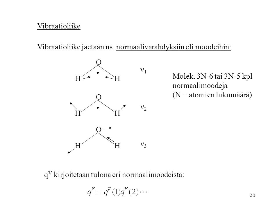 Vibraatioliike Vibraatioliike jaetaan ns. normaalivärähdyksiin eli moodeihin: O. H. 1. Molek. 3N-6 tai 3N-5 kpl.