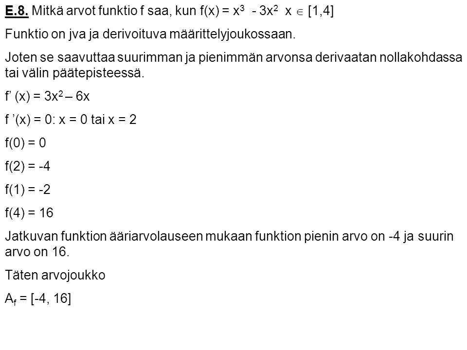 E.8. Mitkä arvot funktio f saa, kun f(x) = x3 - 3x2 x  [1,4]