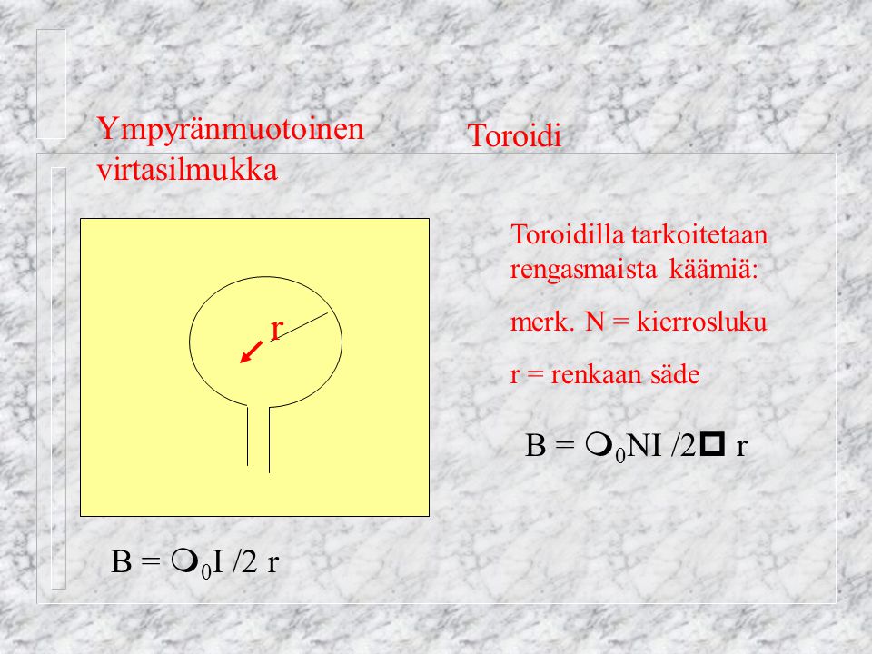 r Ympyränmuotoinen virtasilmukka Toroidi B = 0NI /2 r B = 0I /2 r