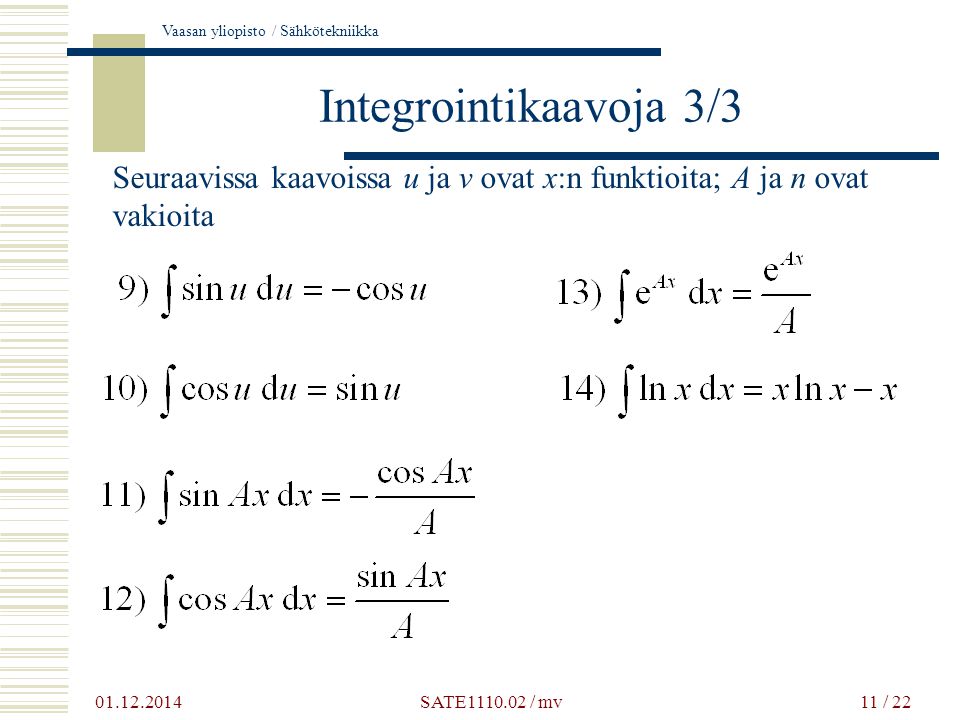 Integrointikaavoja 3/3 Seuraavissa kaavoissa u ja v ovat x:n funktioita; A ja n ovat vakioita