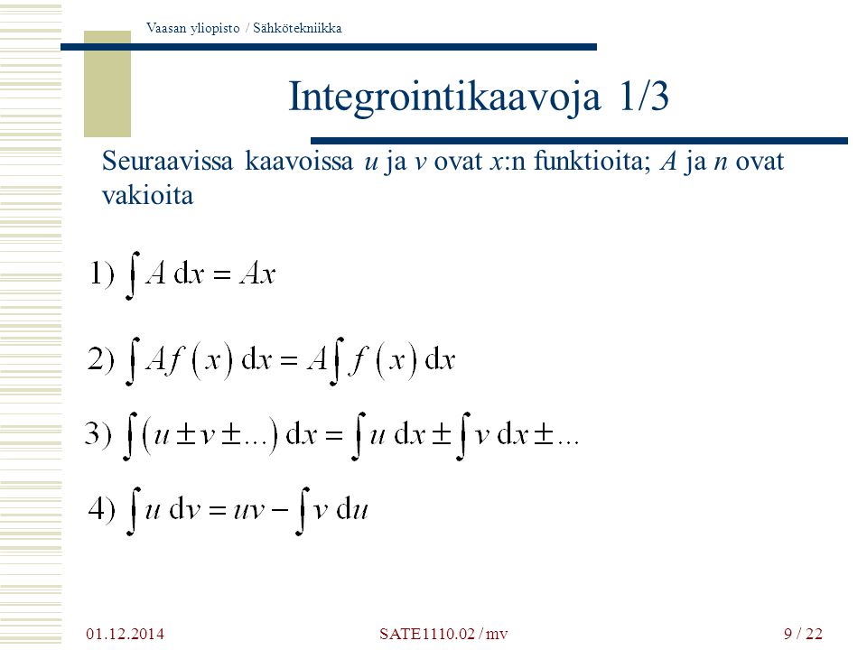 Integrointikaavoja 1/3 Seuraavissa kaavoissa u ja v ovat x:n funktioita; A ja n ovat vakioita