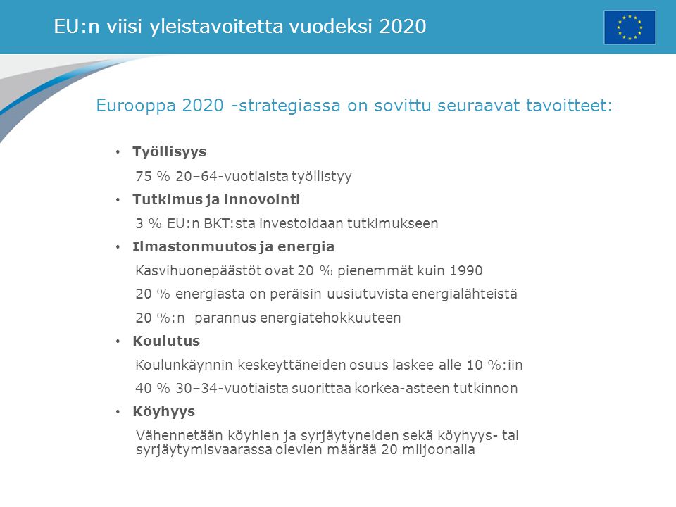 EU:n viisi yleistavoitetta vuodeksi 2020