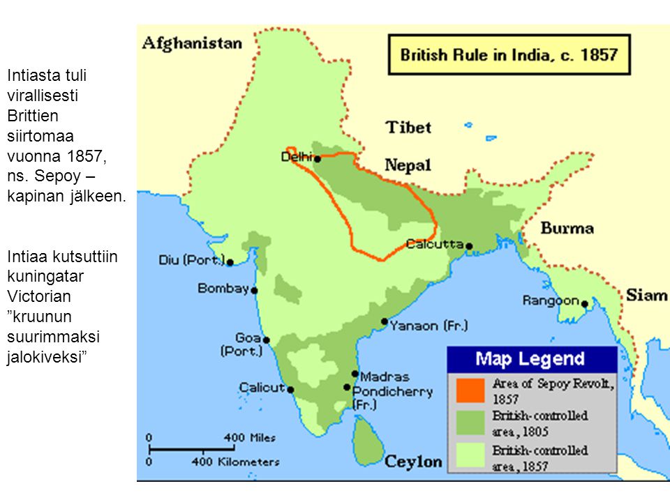 Intiasta tuli virallisesti Brittien siirtomaa vuonna 1857, ns