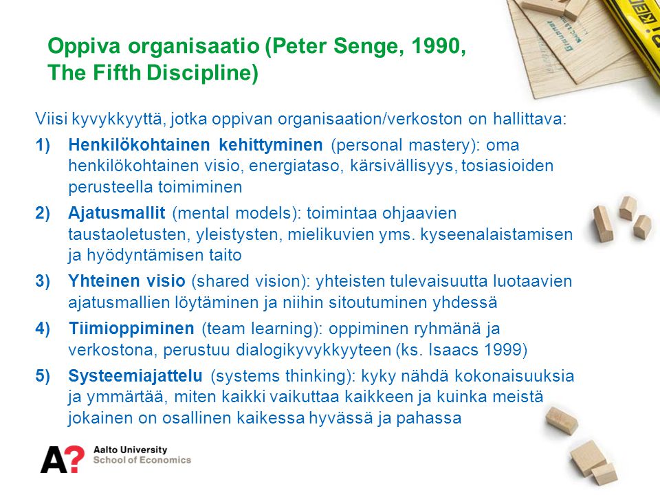 Oppiva organisaatio (Peter Senge, 1990, The Fifth Discipline)