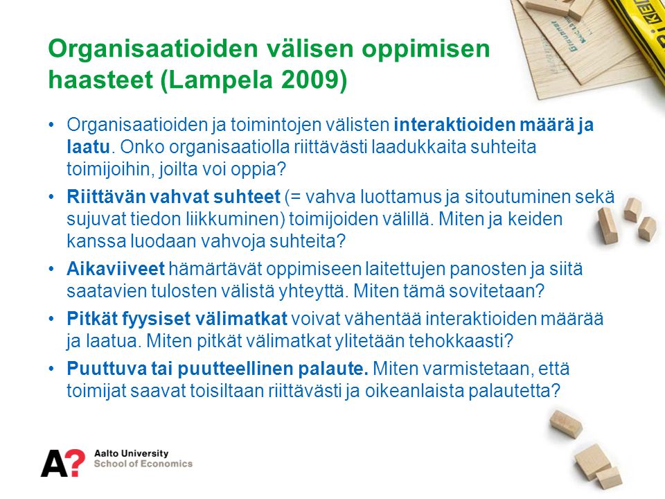 Organisaatioiden välisen oppimisen haasteet (Lampela 2009)