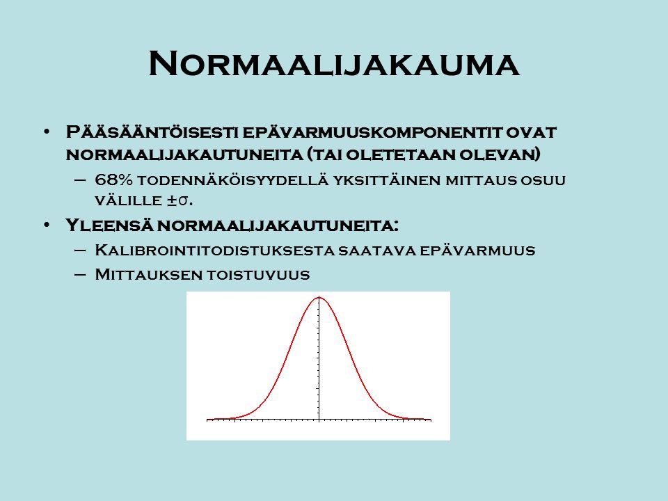 Normaalijakauma Pääsääntöisesti epävarmuuskomponentit ovat normaalijakautuneita (tai oletetaan olevan)