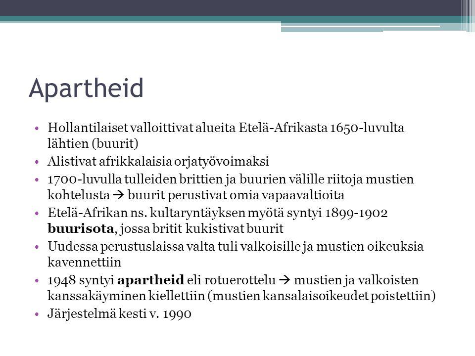 Apartheid Hollantilaiset valloittivat alueita Etelä-Afrikasta 1650-luvulta lähtien (buurit) Alistivat afrikkalaisia orjatyövoimaksi.