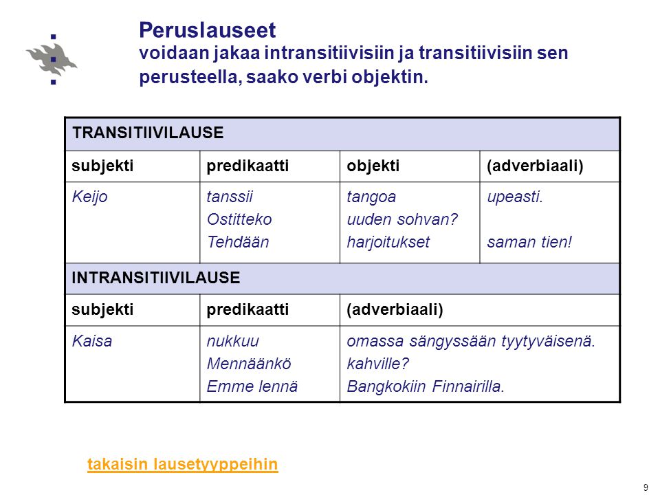 Peruslauseet voidaan jakaa intransitiivisiin ja transitiivisiin sen perusteella, saako verbi objektin.