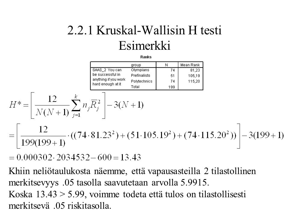 2.2.1 Kruskal-Wallisin H testi Esimerkki