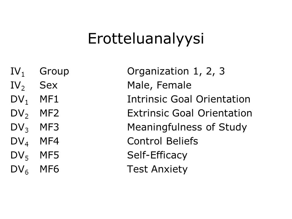 Erotteluanalyysi IV1 Group Organization 1, 2, 3 IV2 Sex Male, Female