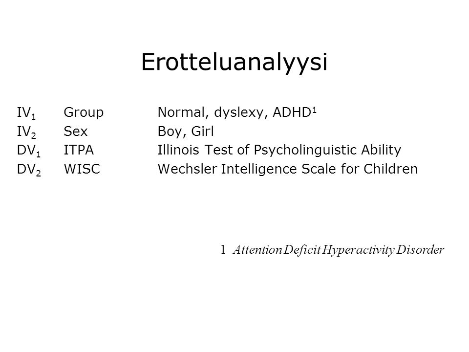 Erotteluanalyysi IV1 Group Normal, dyslexy, ADHD1 IV2 Sex Boy, Girl