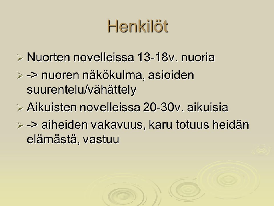 Henkilöt Nuorten novelleissa 13-18v. nuoria