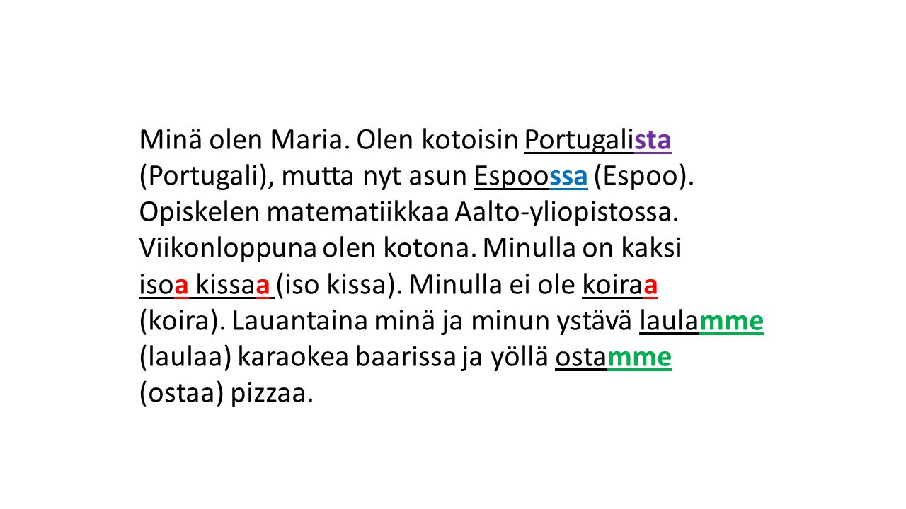 Minä olen Maria. Olen kotoisin Portugalista (Portugali), mutta nyt asun Espoossa (Espoo).