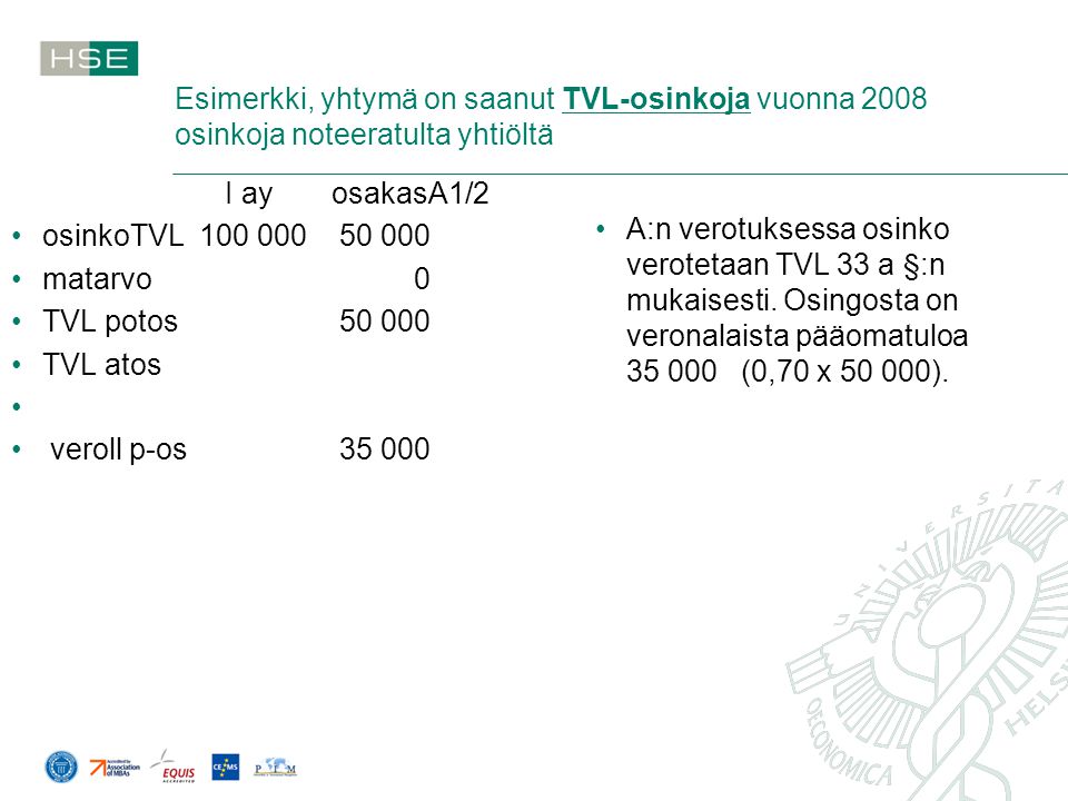 Esimerkki, yhtymä on saanut TVL-osinkoja vuonna 2008 osinkoja noteeratulta yhtiöltä
