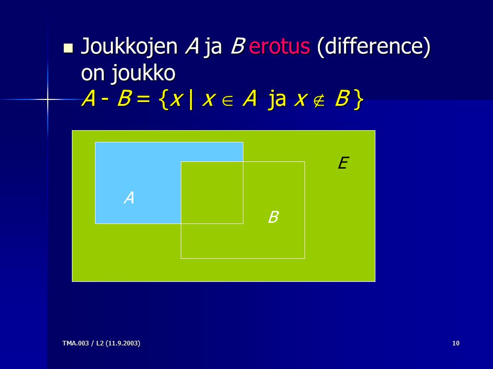 Joukkojen A ja B erotus (difference) on joukko A - B = {x | x  A ja x  B }