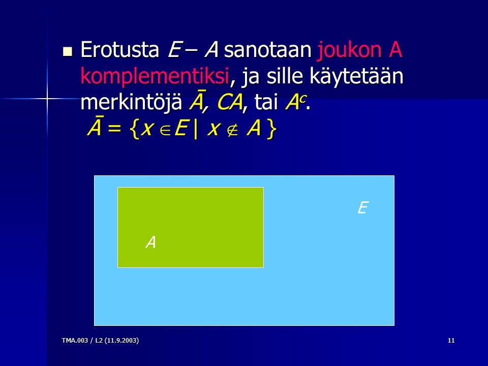 Erotusta E – A sanotaan joukon A komplementiksi, ja sille käytetään merkintöjä Ā, CA, tai Ac. Ā = {x E | x  A }
