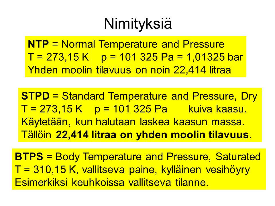 Nimityksiä NTP = Normal Temperature and Pressure