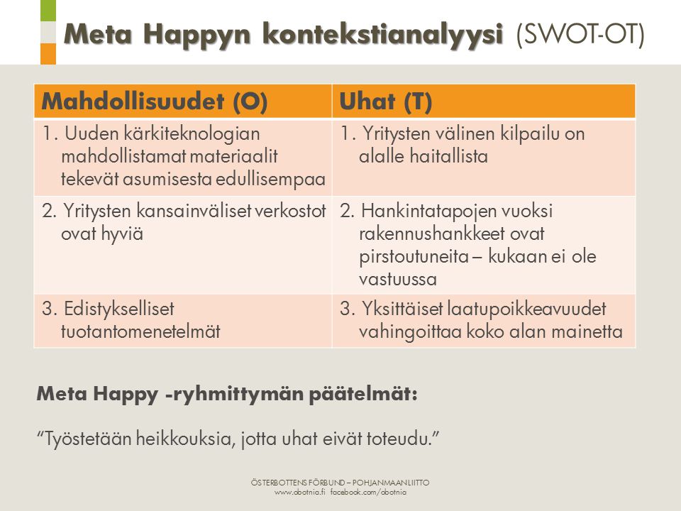 Meta Happyn kontekstianalyysi (SWOT-OT)